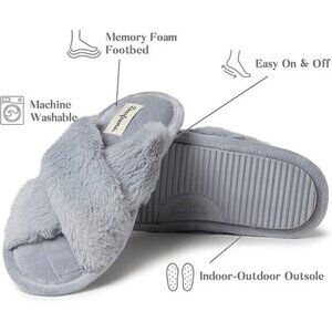 Dearfoams Women's Jessica Furry Cross Band Slide Slipper Gray Soft NEW 5-6 S